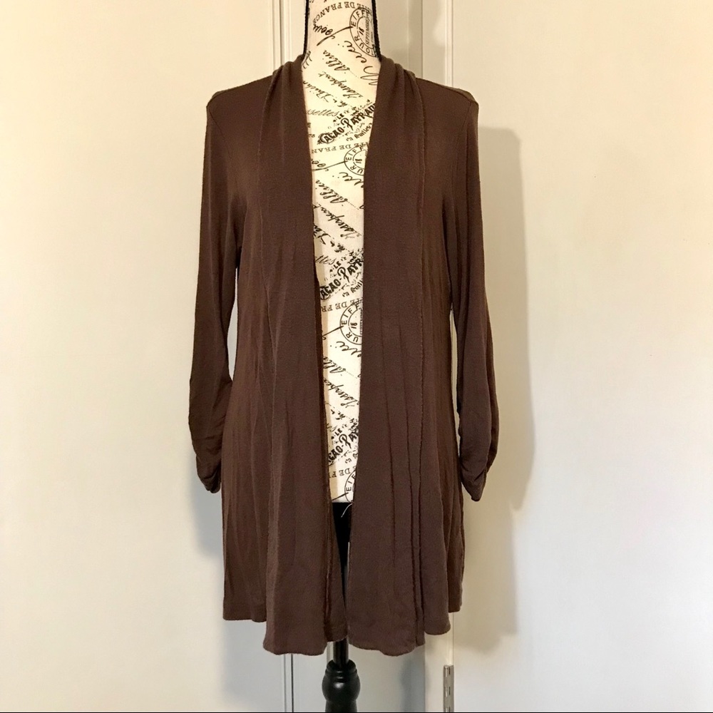 Brown Open Front Sweater 3/4 Sleeves